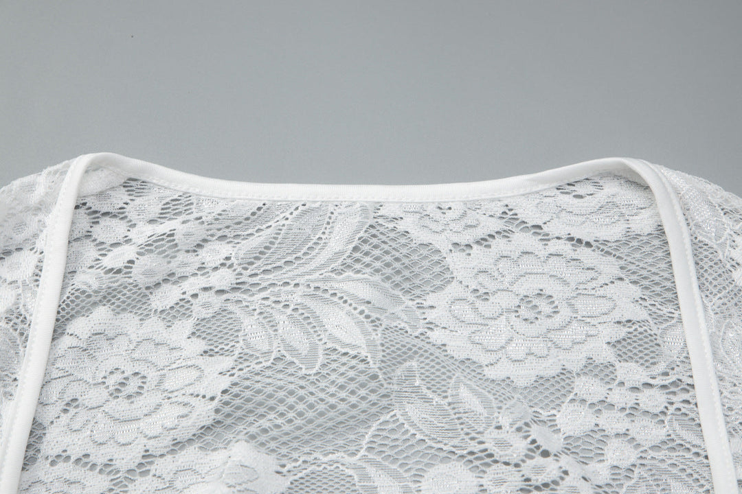 Long sleeve lace self tie solid patchwork top