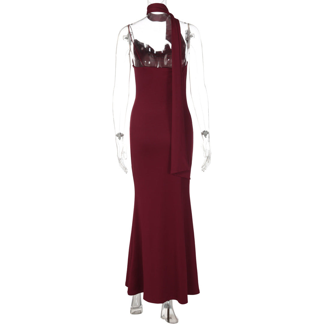 Irregular cowl neck backless spaghetti strap maxi dress