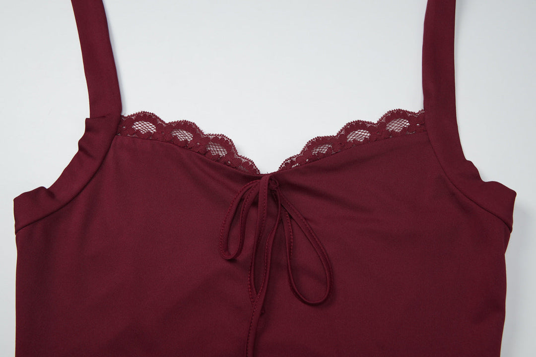 Self tie halter lace hem backless solid top