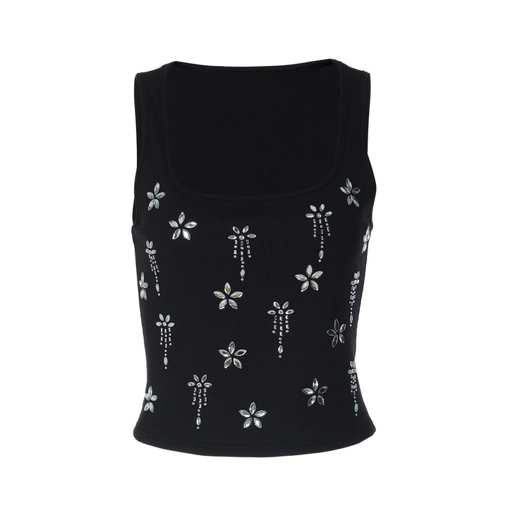 Square neck ribbed beaded sleeveless top