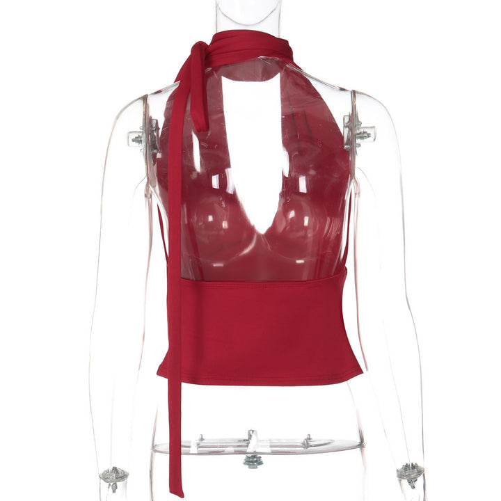 Halter self tie v neck backless solid top