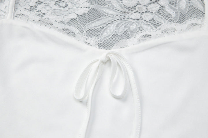 Long sleeve lace self tie solid patchwork top