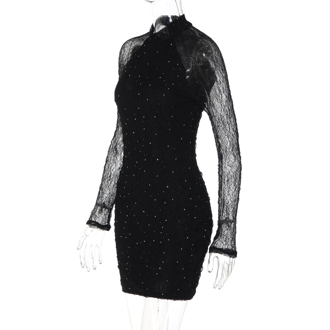 Long sleeve crewneck lace beaded mini dress