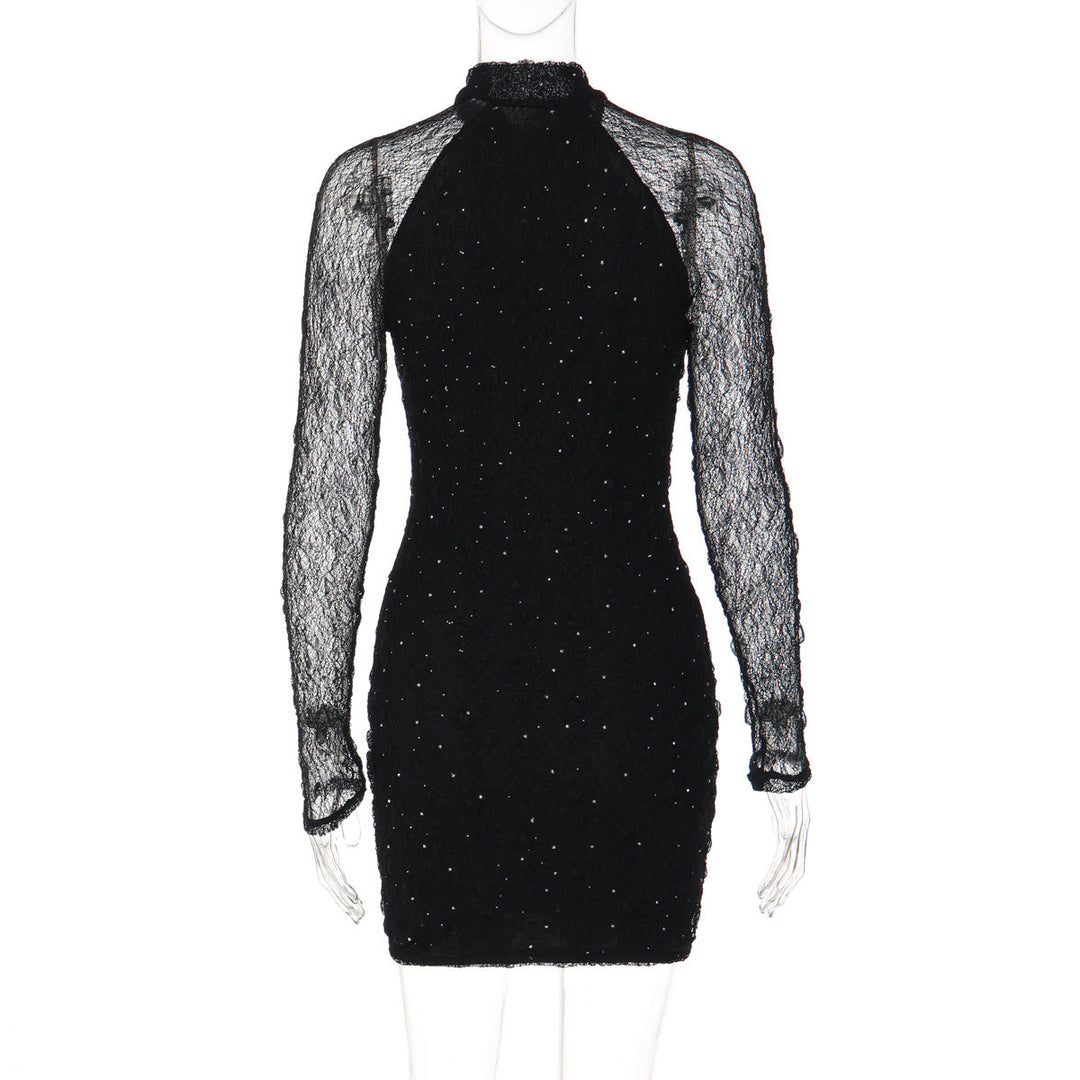 Long sleeve crewneck lace beaded mini dress