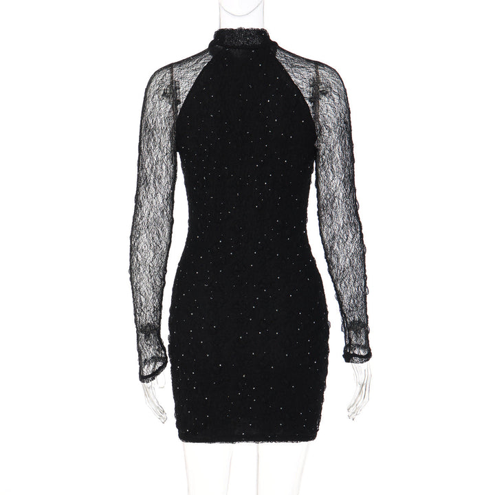 Long sleeve crewneck lace beaded mini dress