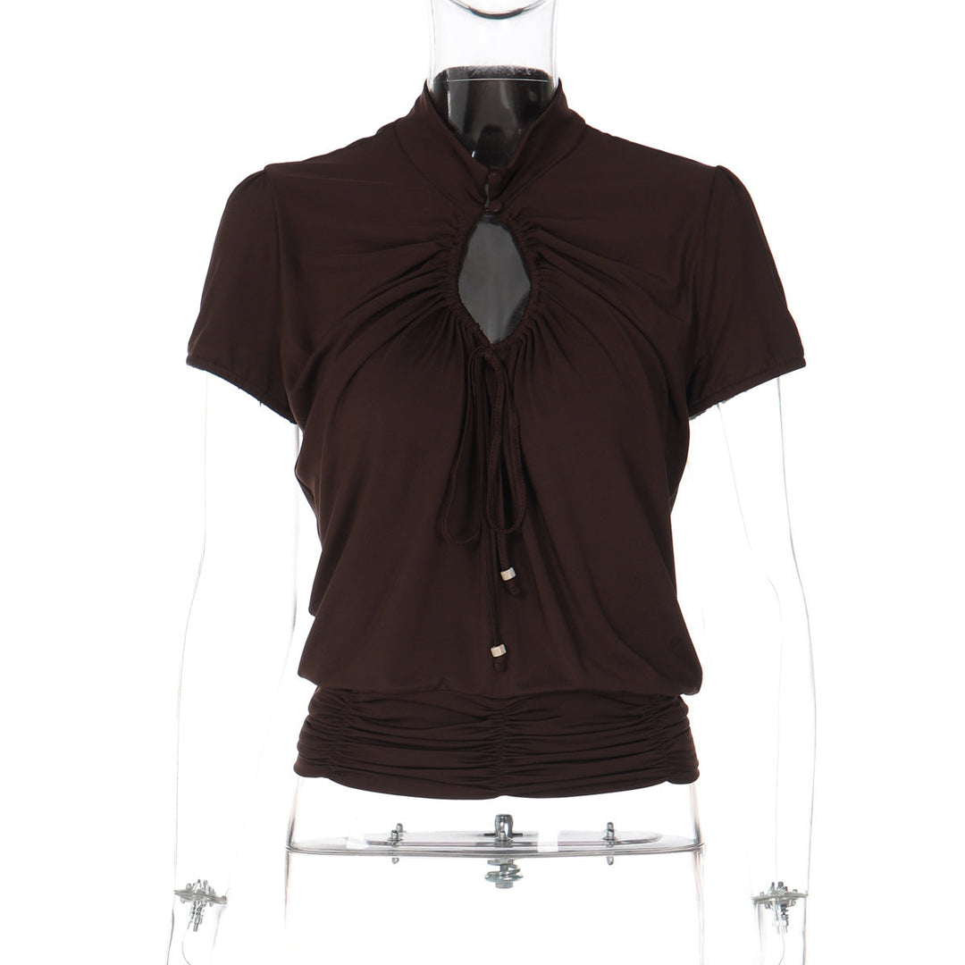 Hollow out ruched short sleeve self tie top