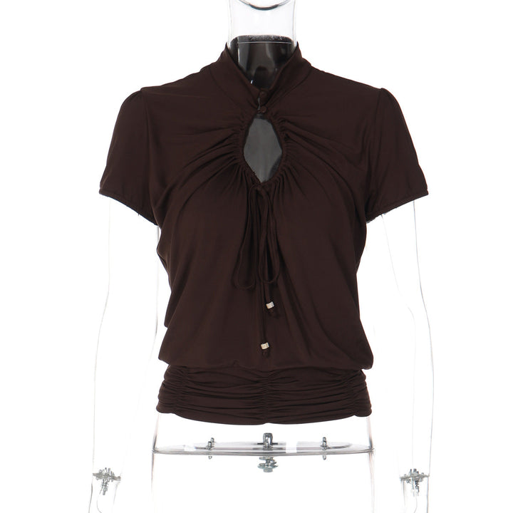Hollow out ruched short sleeve self tie top