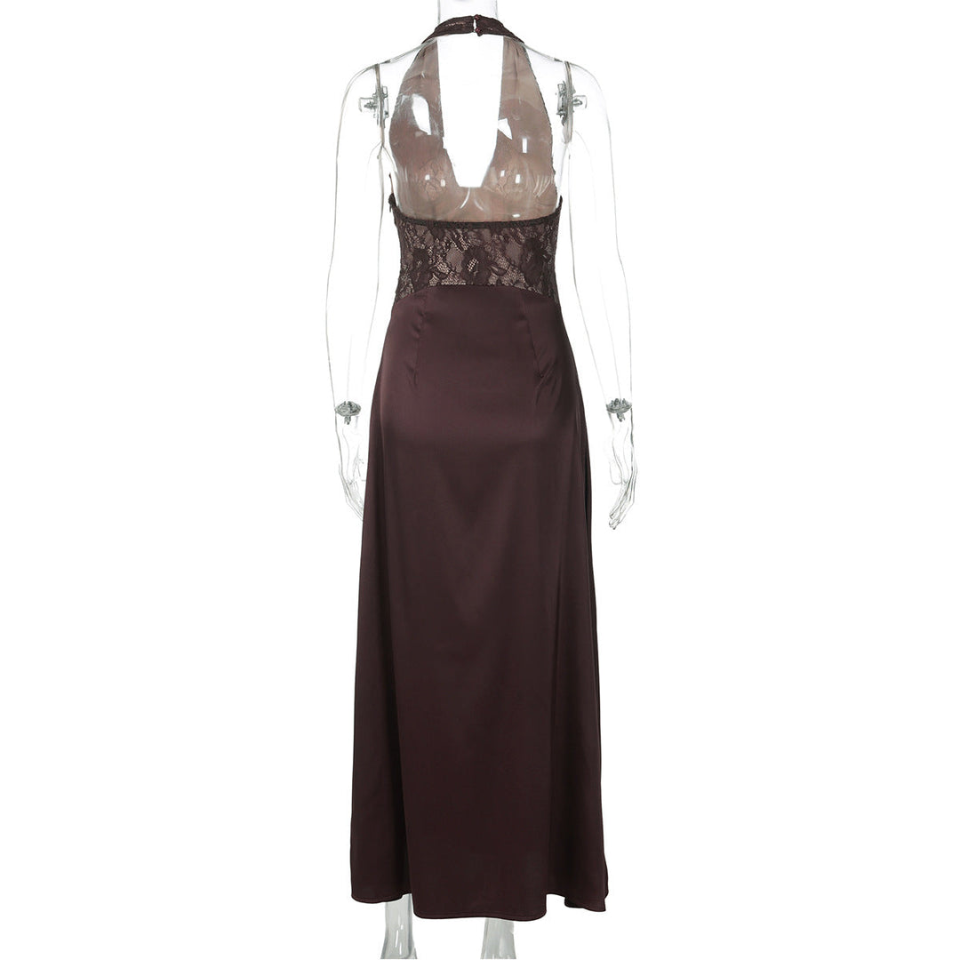Halter v neck lace backless maxi dress