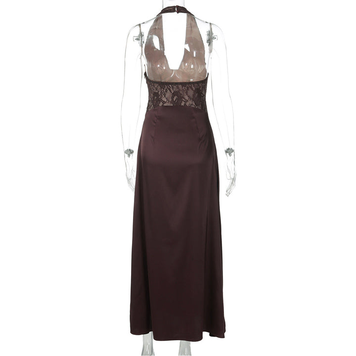 Halter v neck lace backless maxi dress