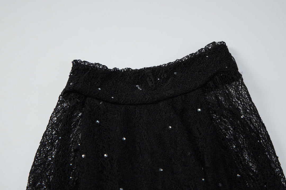 Long sleeve crewneck lace beaded mini dress