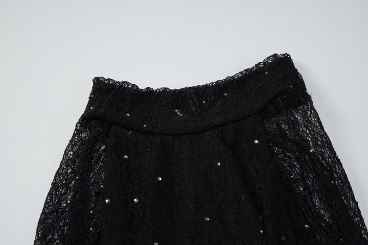 Long sleeve crewneck lace beaded mini dress