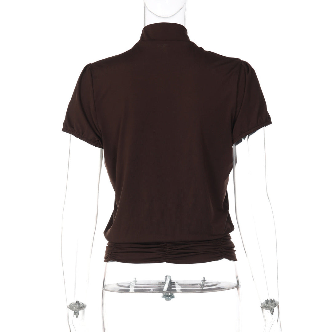 Hollow out ruched short sleeve self tie top