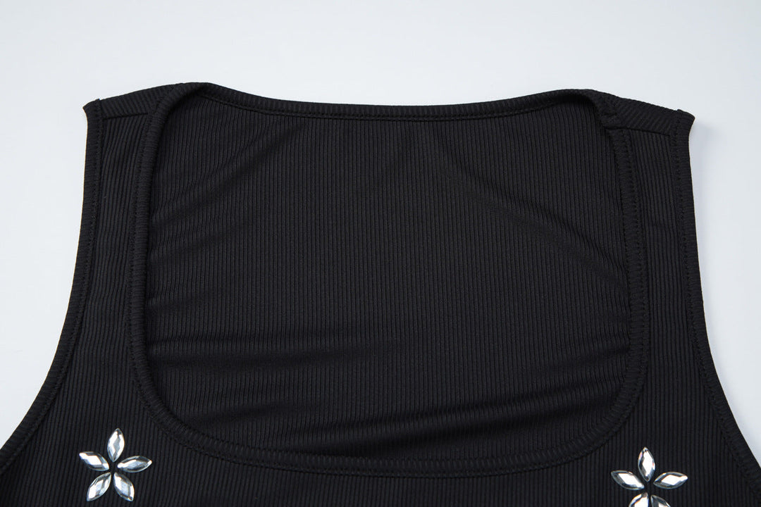 Square neck ribbed beaded sleeveless top