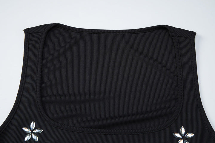 Square neck ribbed beaded sleeveless top