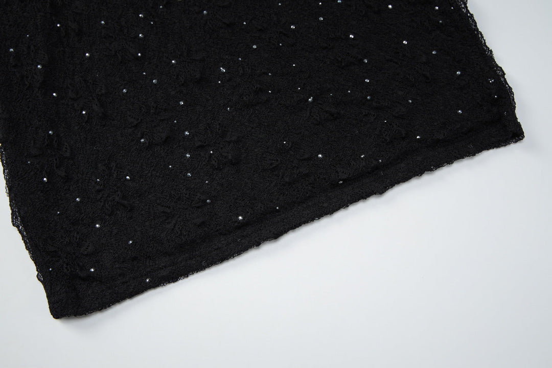 Long sleeve crewneck lace beaded mini dress