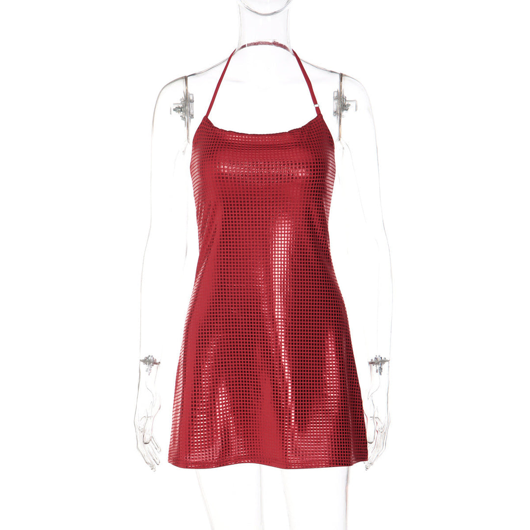 Halter u neck backless plaid print mini dress