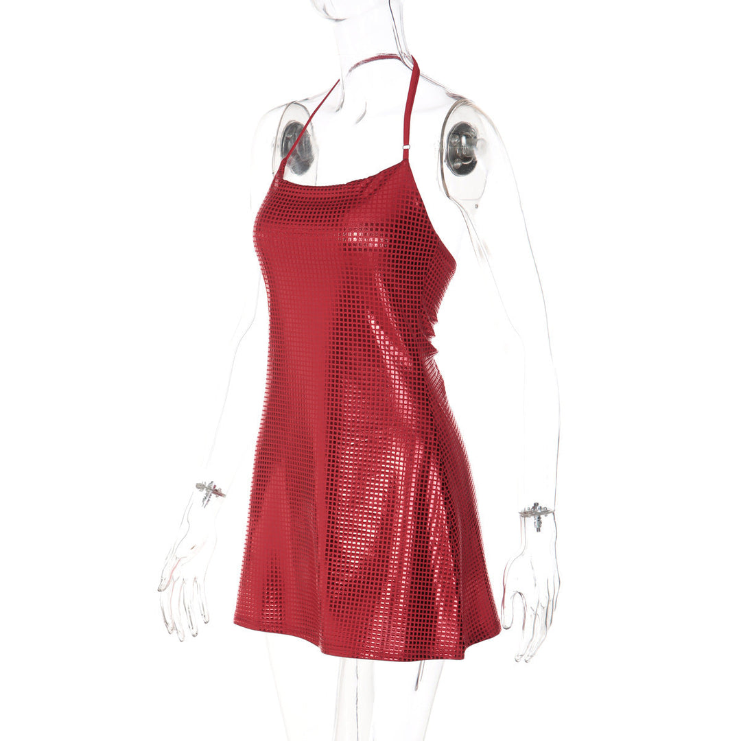 Halter u neck backless plaid print mini dress