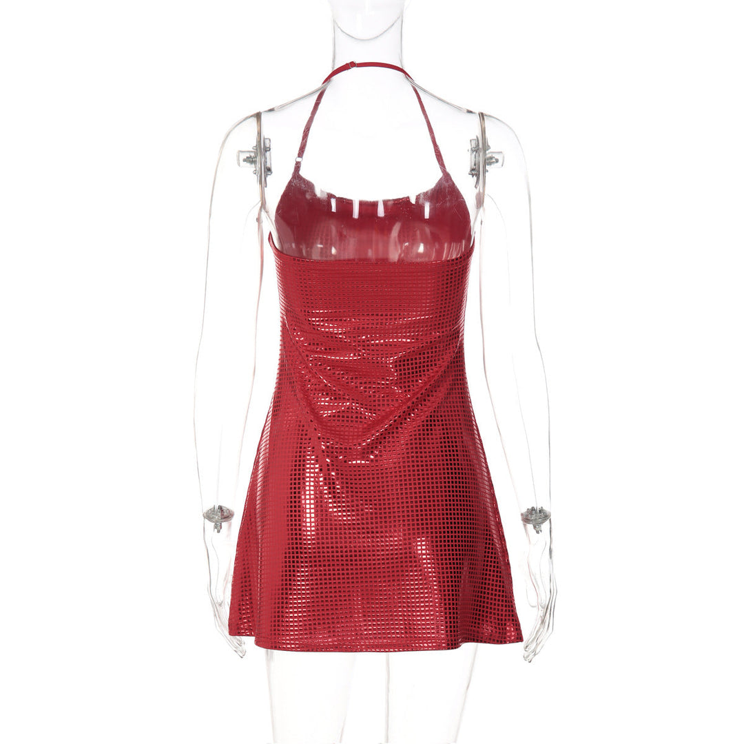 Halter u neck backless plaid print mini dress