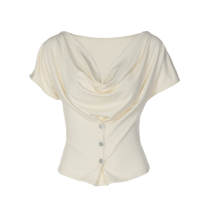 Cowl neck short sleeve button solid top
