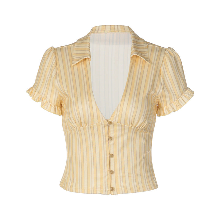 Short sleeve v neck striped button top