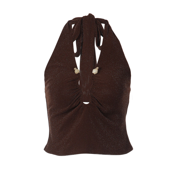 Ruched halter self tie v neck backless top