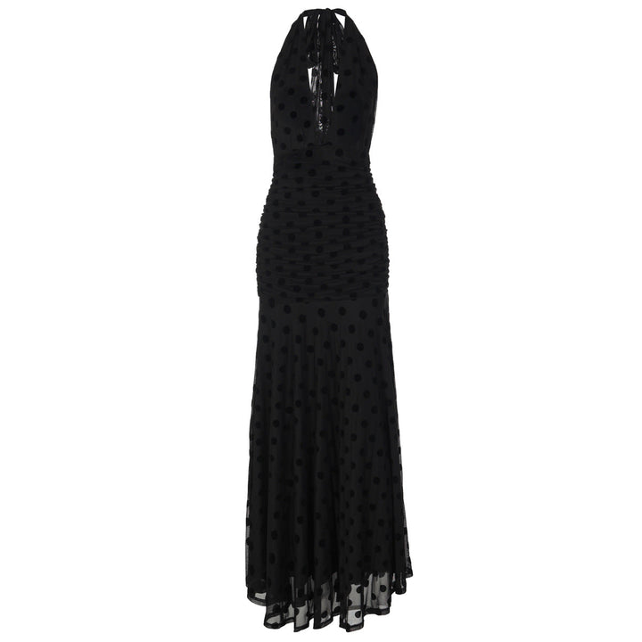 Polka dot deep v neck halter self tie ruched maxi dress
