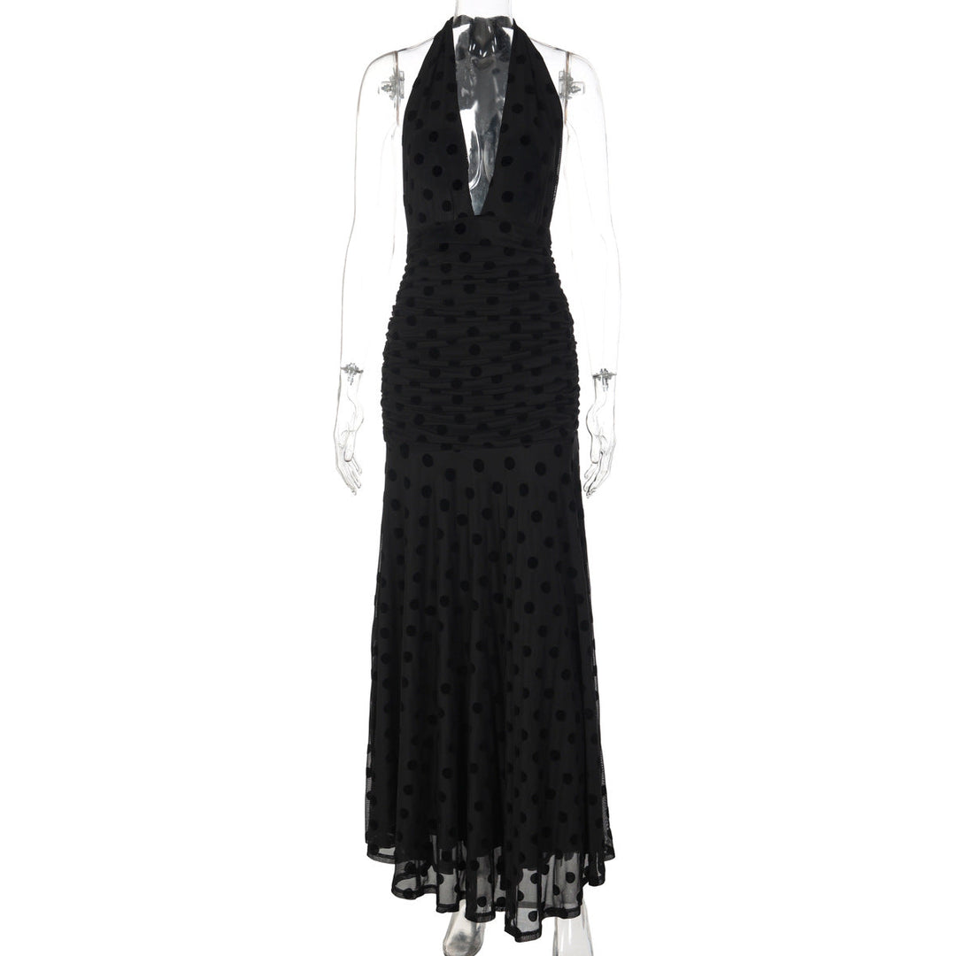 Polka dot deep v neck halter self tie ruched maxi dress