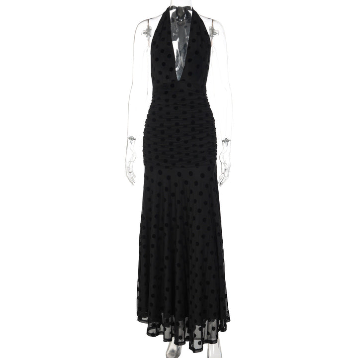 Polka dot deep v neck halter self tie ruched maxi dress