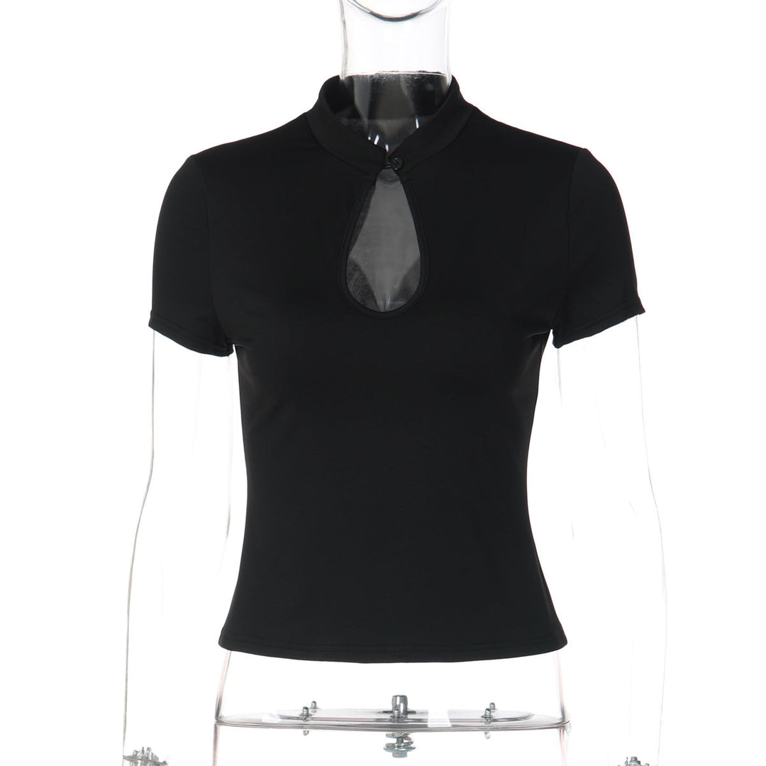 Short sleeve hollow out button solid top