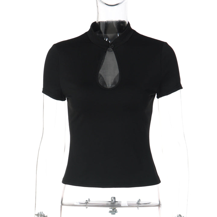 Short sleeve hollow out button solid top