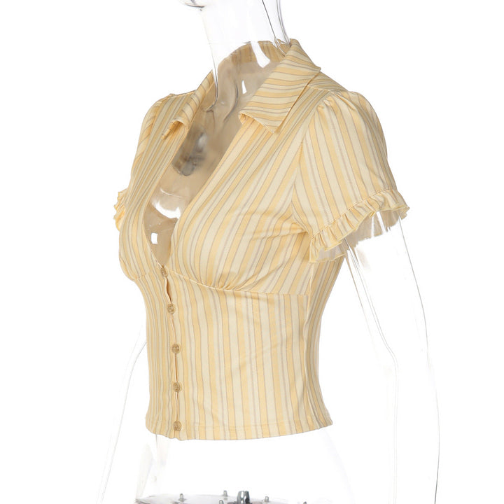 Short sleeve v neck striped button top