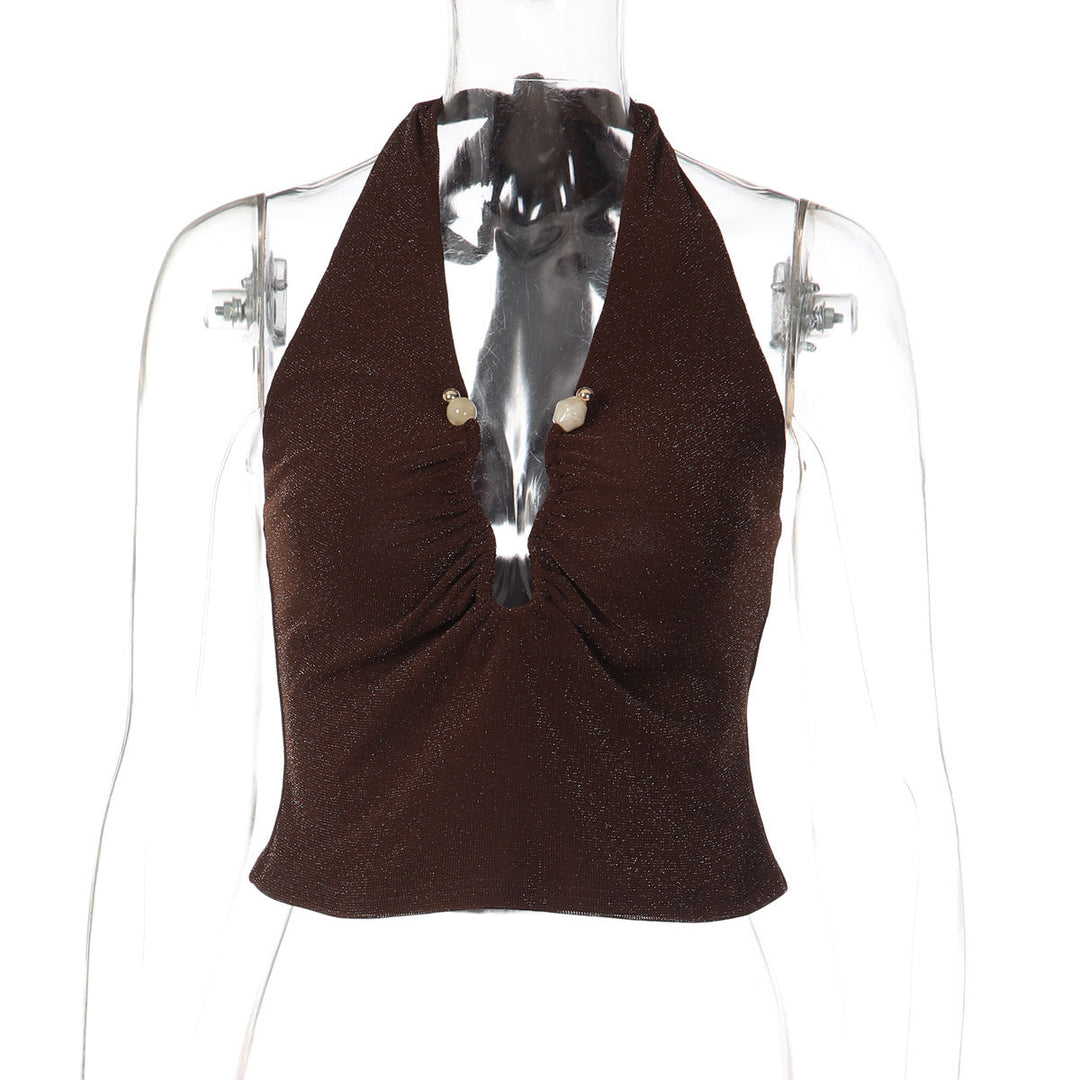 Ruched halter self tie v neck backless top