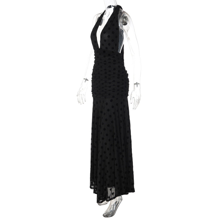 Polka dot deep v neck halter self tie ruched maxi dress
