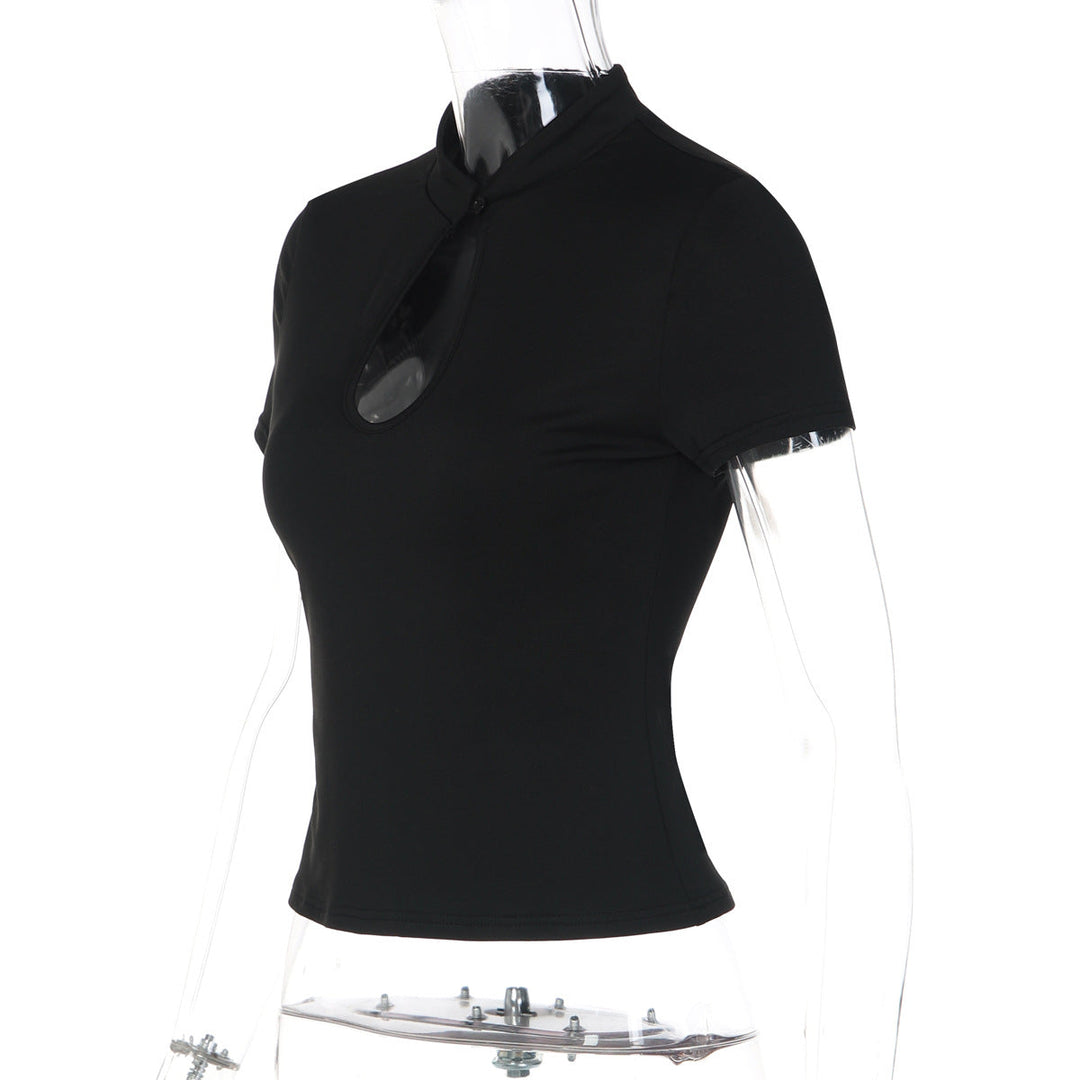 Short sleeve hollow out button solid top