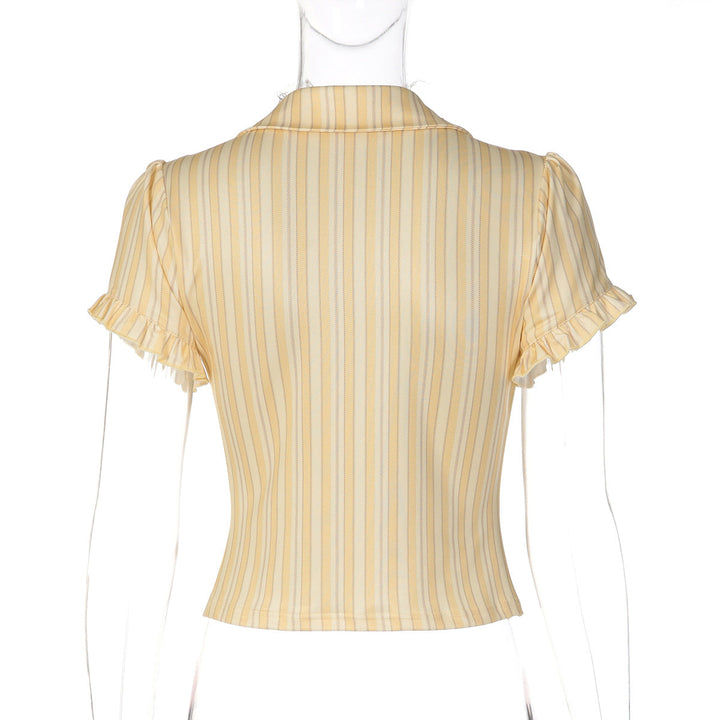 Short sleeve v neck striped button top