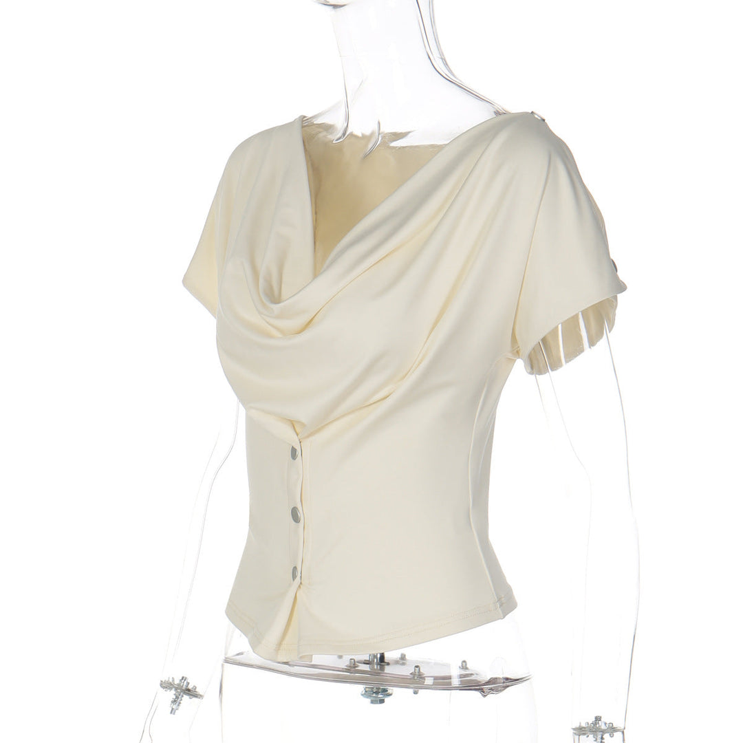 Cowl neck short sleeve button solid top