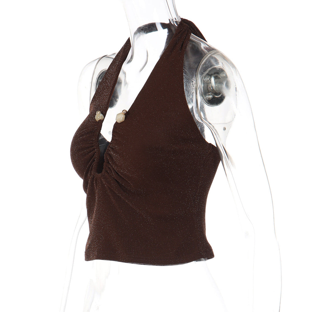 Ruched halter self tie v neck backless top