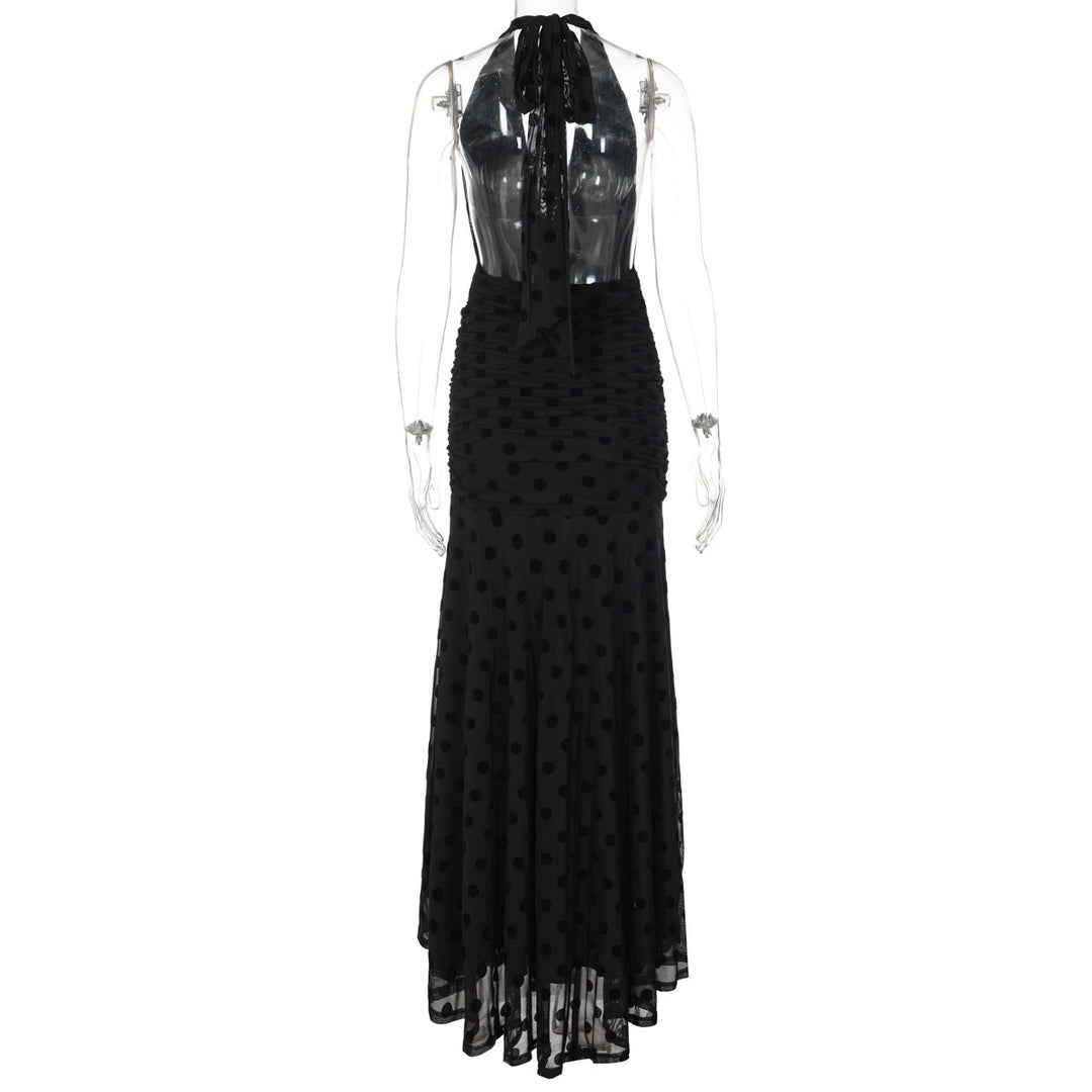 Polka dot deep v neck halter self tie ruched maxi dress