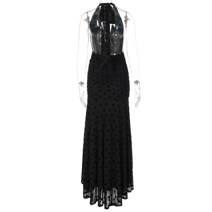 Polka dot deep v neck halter self tie ruched maxi dress
