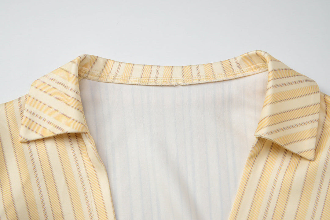 Short sleeve v neck striped button top