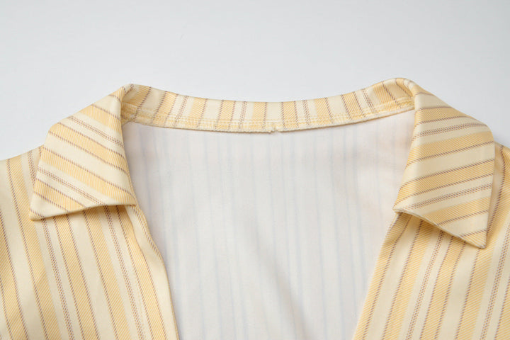 Short sleeve v neck striped button top