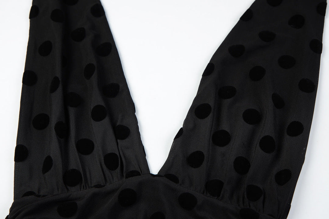 Polka dot deep v neck halter self tie ruched maxi dress