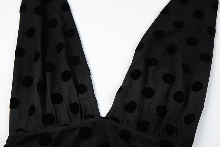 Polka dot deep v neck halter self tie ruched maxi dress