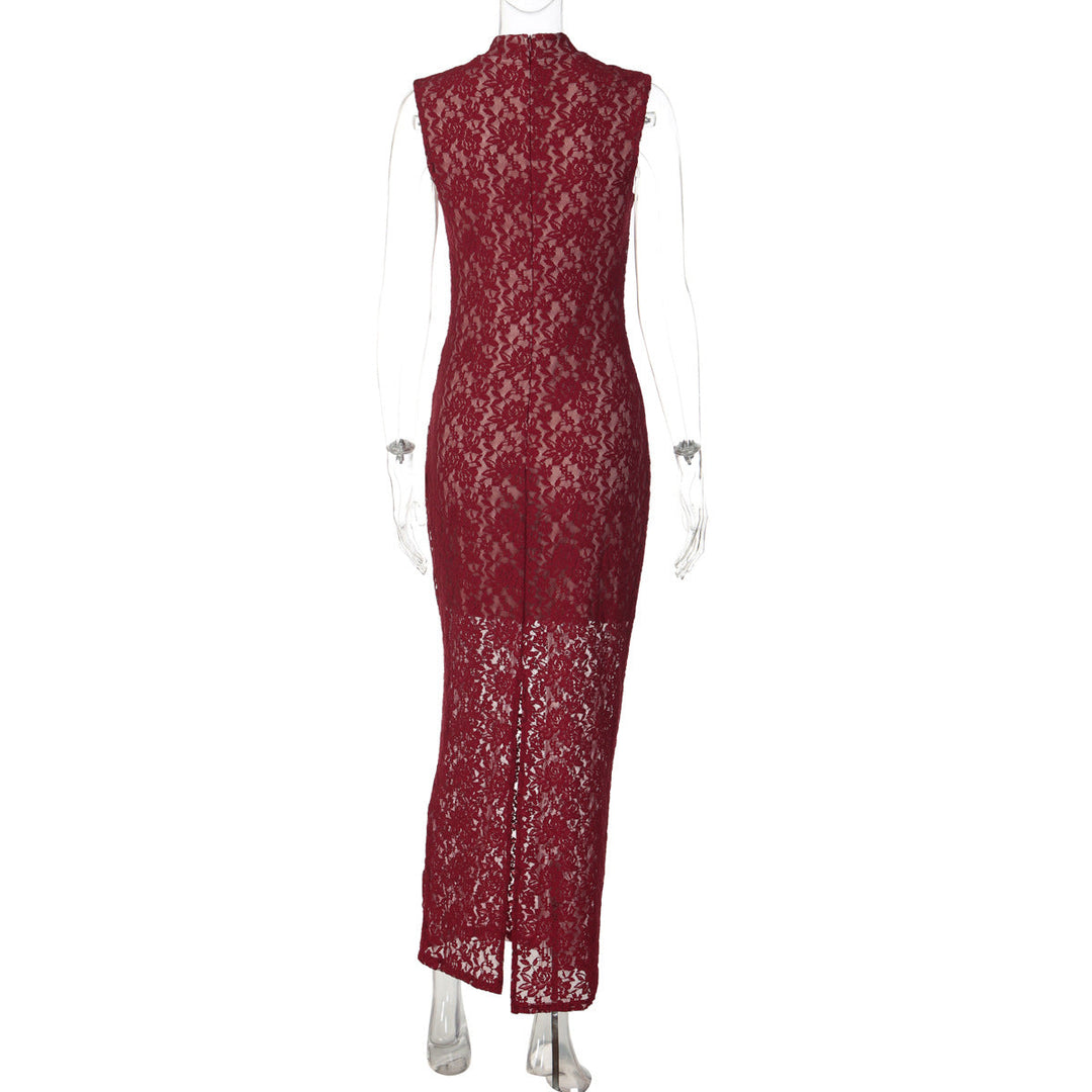 Lace hollow out slit sleeveless zip-up maxi dress