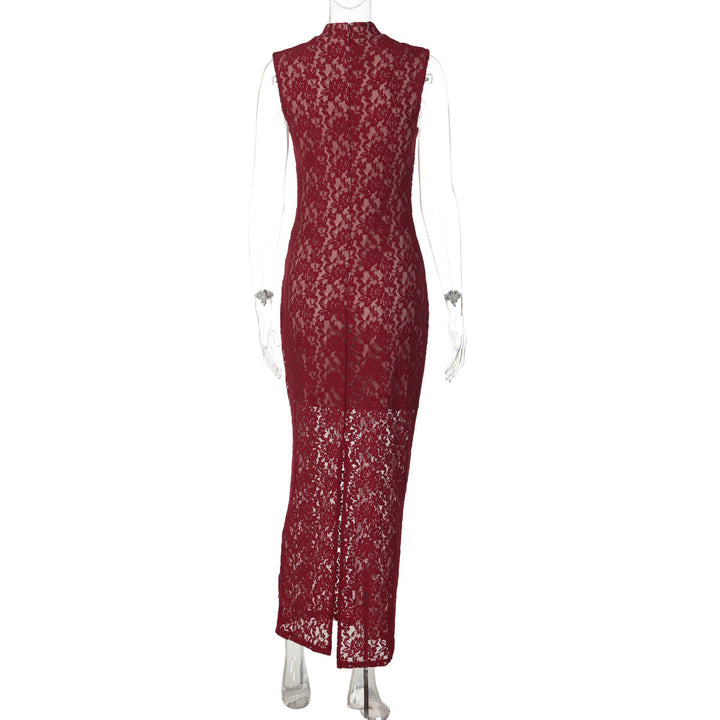 Lace hollow out slit sleeveless zip-up maxi dress