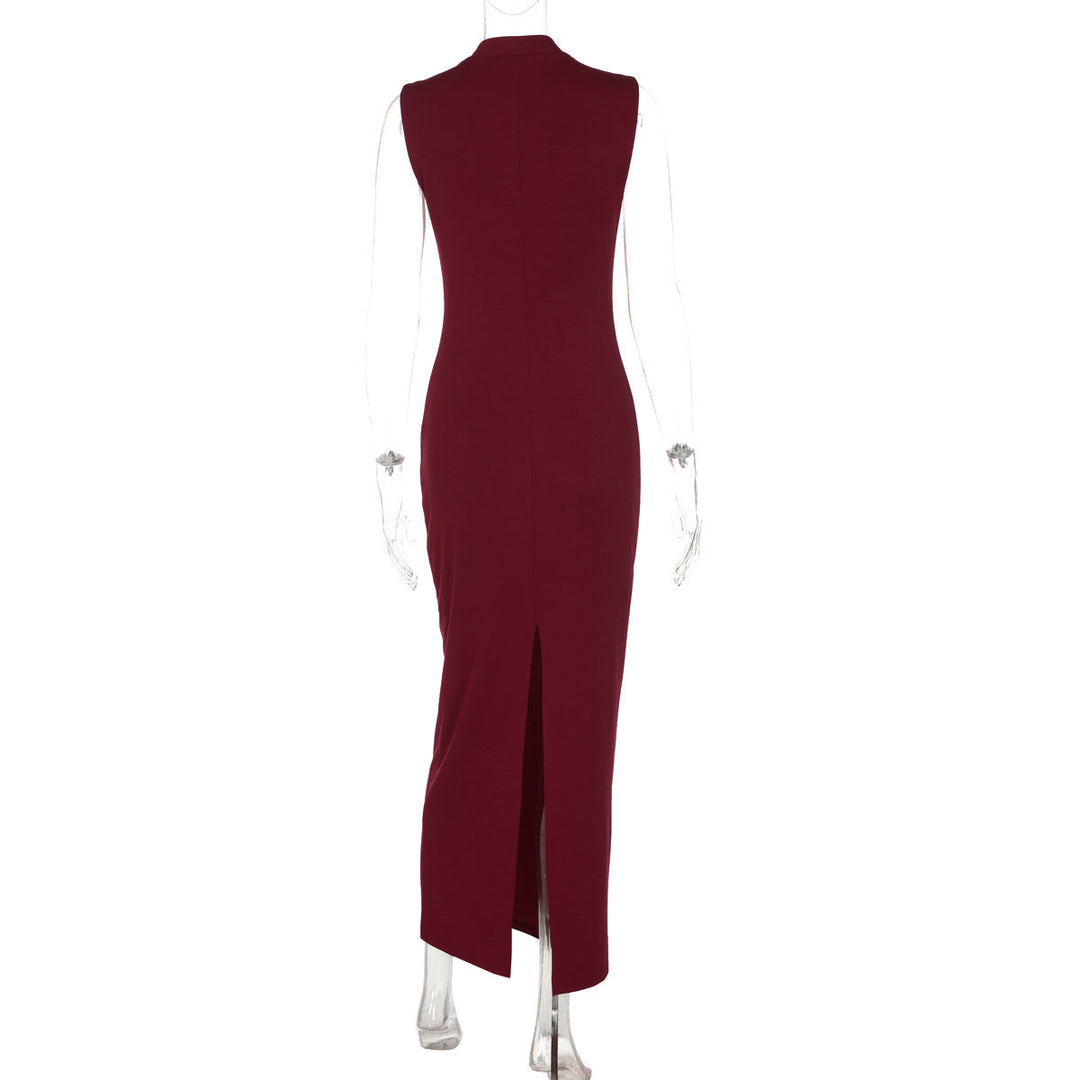 Hollow out sleeveless slit solid maxi dress