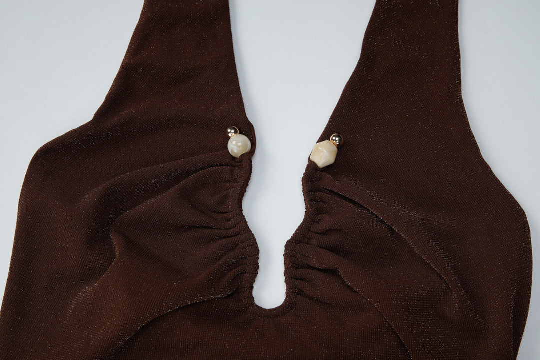 Ruched halter self tie v neck backless top