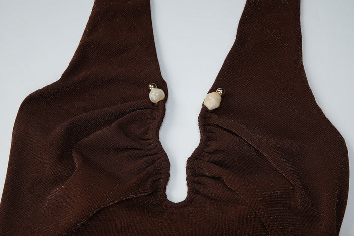 Ruched halter self tie v neck backless top