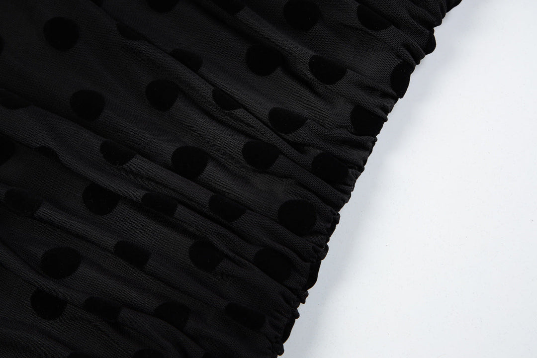 Polka dot deep v neck halter self tie ruched maxi dress