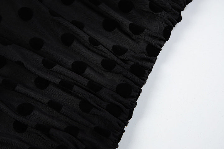 Polka dot deep v neck halter self tie ruched maxi dress